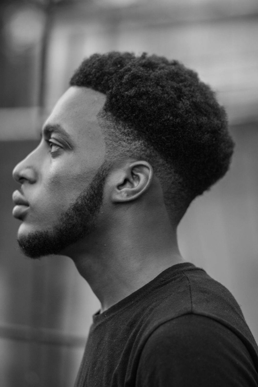 side profile of man with a shaped afro top and low fade