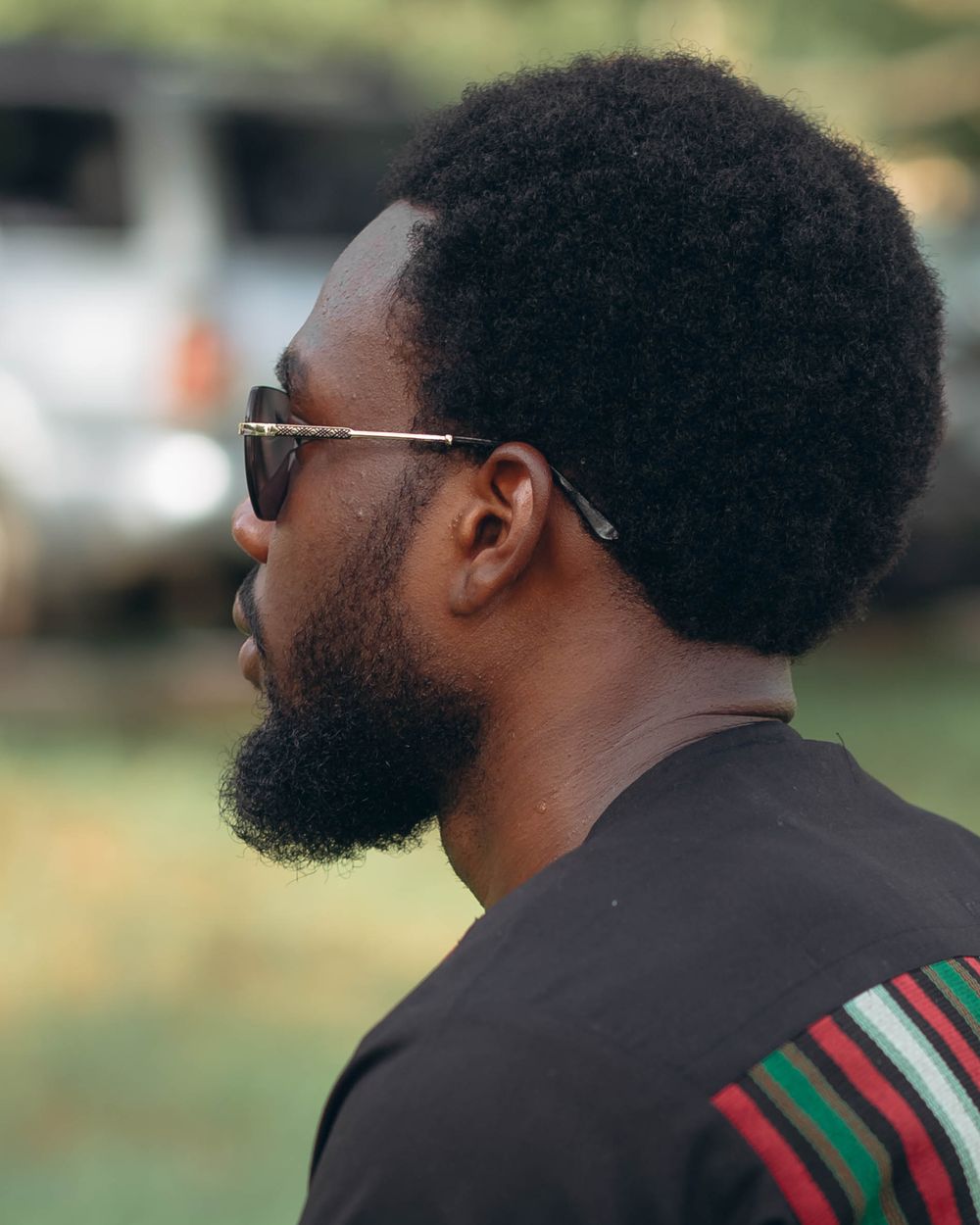 side profile of man with classic afro and beard