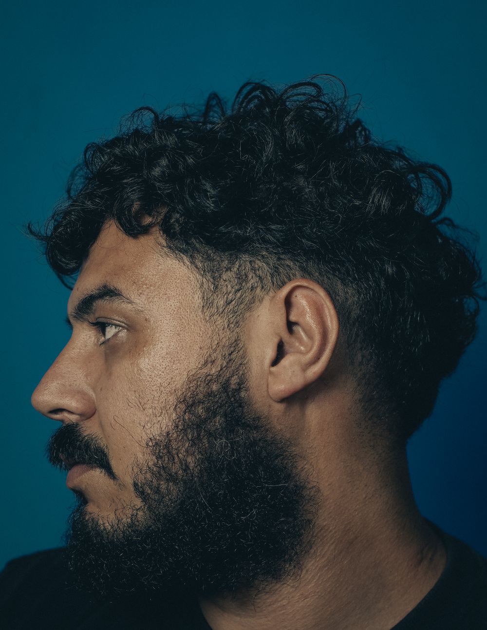 side profile of bearded man with curly medium hairstyle