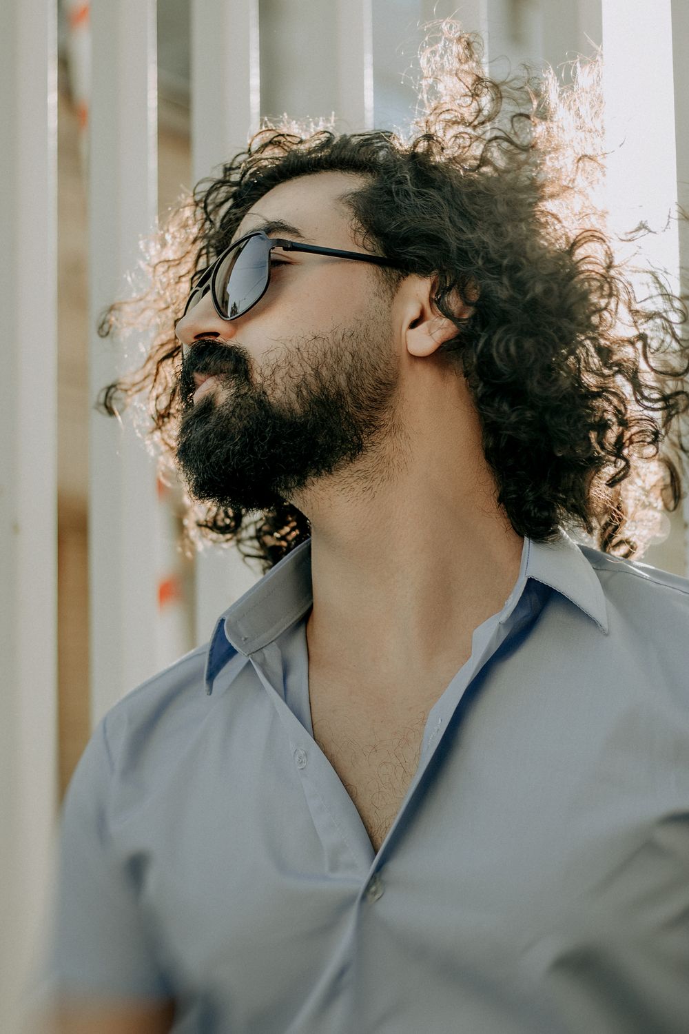 bearded man wearing glasses with long wavy hair