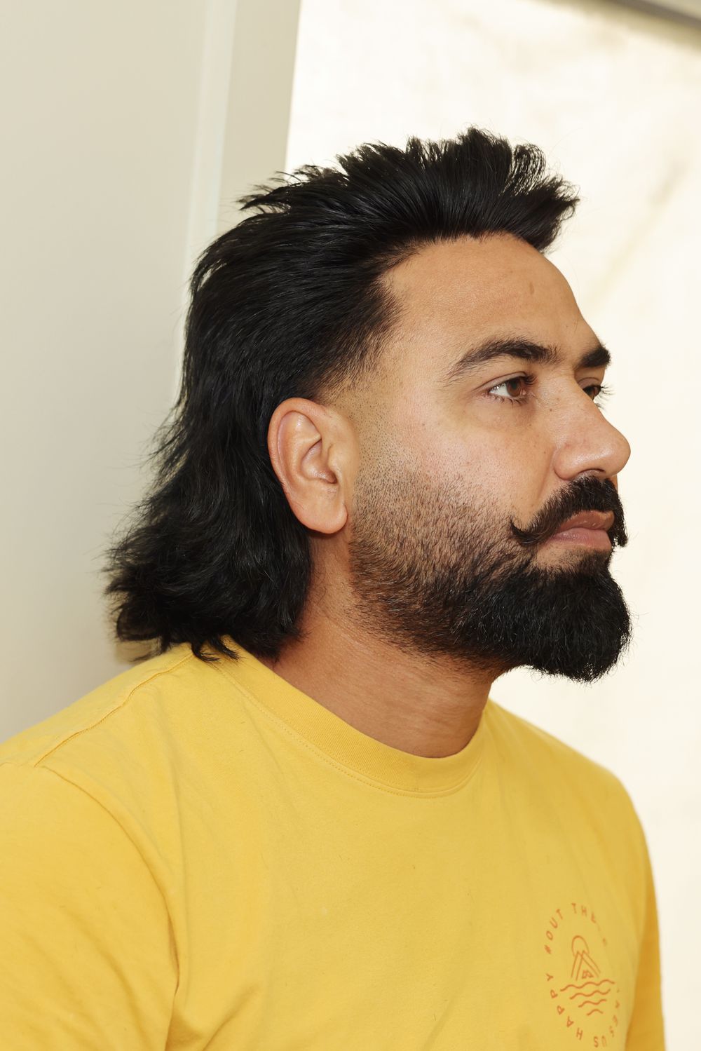 bearded man with sharp mullet and thick top hairstyle