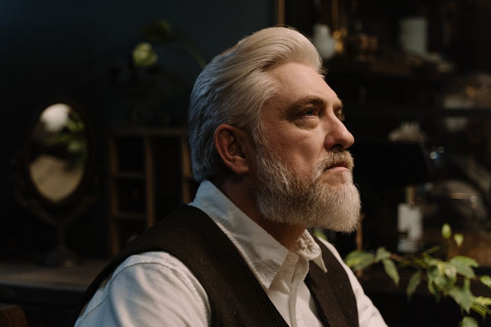 mature bearded man with silver brushed back hair